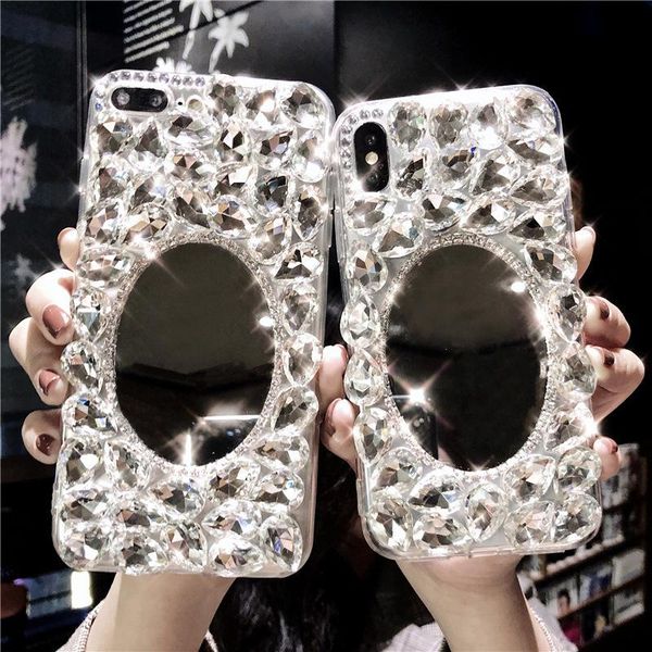 

card holders suitable for iphone11pro max apple 8plus mobile phone case 7 rhinestone mirror xs tide brand female, Brown;gray