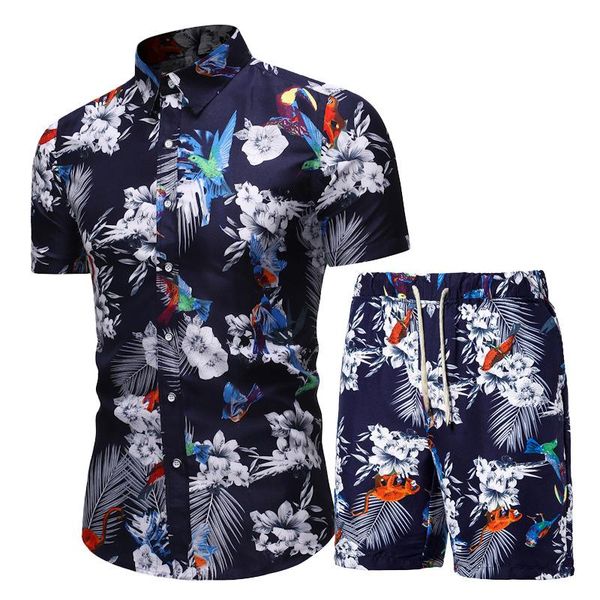 

beach suit men's casual korean style slim short-sleeved shirt summer burst flower two-piece oversized shirts, White;black
