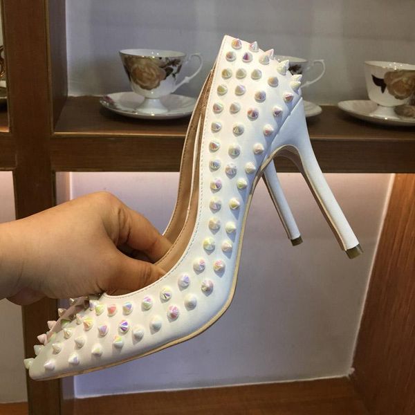 

dress shoes 2021 rivet pointed black 12 cm ultra high heels fine heel white large size shallow mouth single female wild