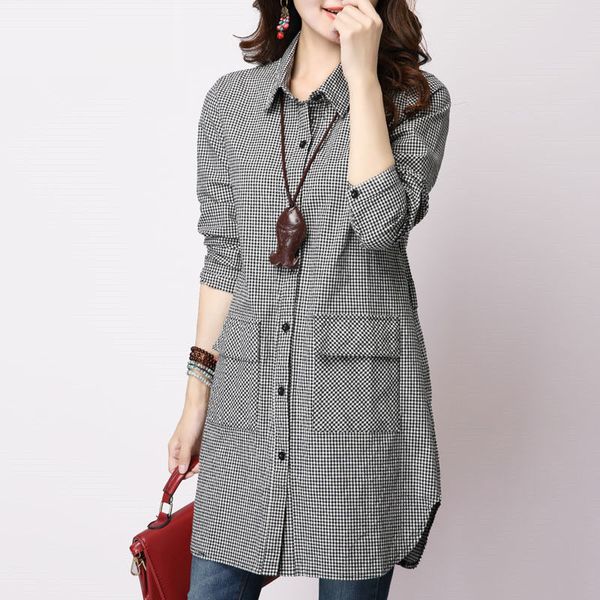 

arrival female autumn plaid shirt double pocket casual loose long ladies shirts plus size 5xl d364, White