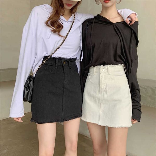 

and spring summer high waist tassel women's drs super fire skirt student versatile bag hip a-line denim, Black;gray
