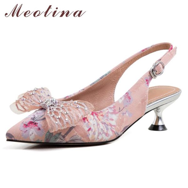 

dress shoes meotina high heels women pumps embroider flower kitten heel slingbacks bow buckle pointed toe party lady size 34-39, Black