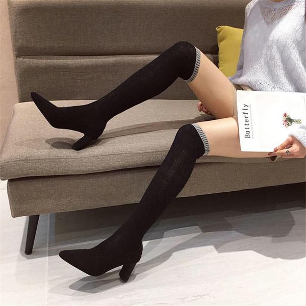 

boots women over the knee long woman 2021 winter knitting stretch low heels shoes female fashion pointed sock bootas, Black