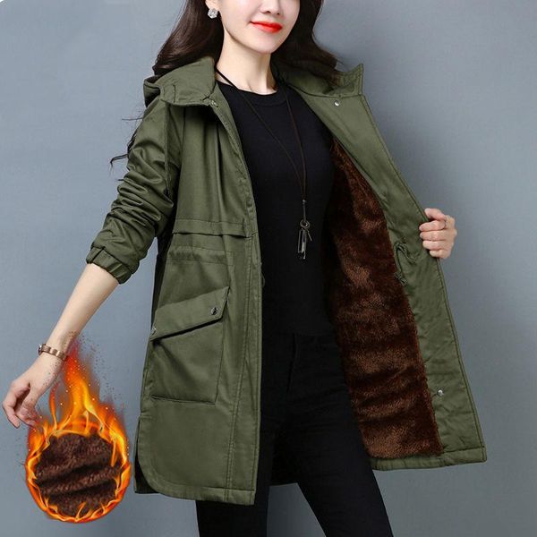 

women's trench coats winter women windbreaker coat 2021 plus velvet thick hooded jacket female warm overcoat large size loose h165, Tan;black