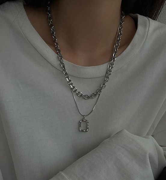 

chains alloy silver double-layer square brand stacking necklace hip hop style pendant sweater chain suitable for holiday birthday gift
