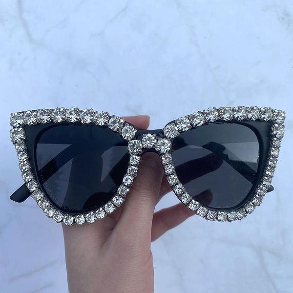 

sunglasses 2021 vintage fashion luxury cat eye diamond women crystal rhinestone frame designer sun glasses for female, White;black