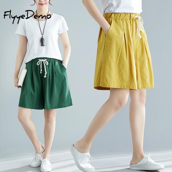 

women shorts summer casual solid cotton linen high waist loose for girls soft cool female short m - 3xl plus size women's, White;black