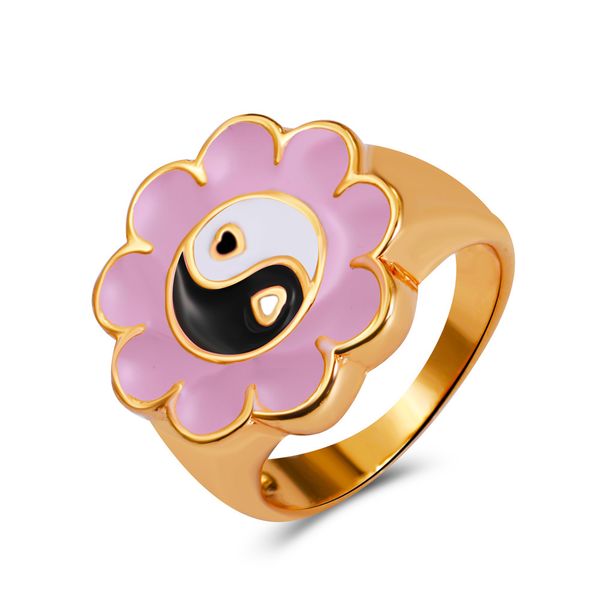 

sweet sunflower heart enamel finger rings for women korean dripping oil contrast color tai chi gossip yin yang rings y2k jewelry, Silver