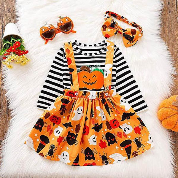 

halloween kids clothing sets girls outfits baby clothes long sleeve striped t-shirts pumpkin embroidered cartoon skirt dress headbands 3pcs, White