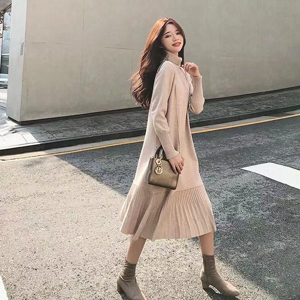 

maternity dresses wear turtleneck sweater women's loose long over-the-knee autumn and winter bottoming shirt long-sleeved dress, White
