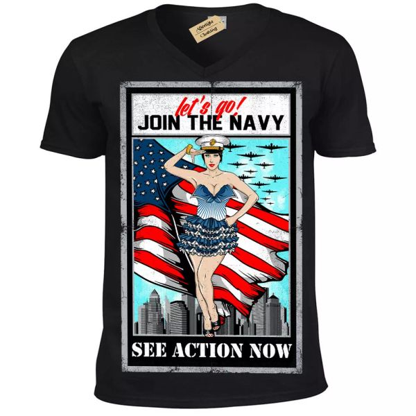 

ee.uu. azul marino camiseta pinup let's go Ãºnete a hombre cuello en v, White;black