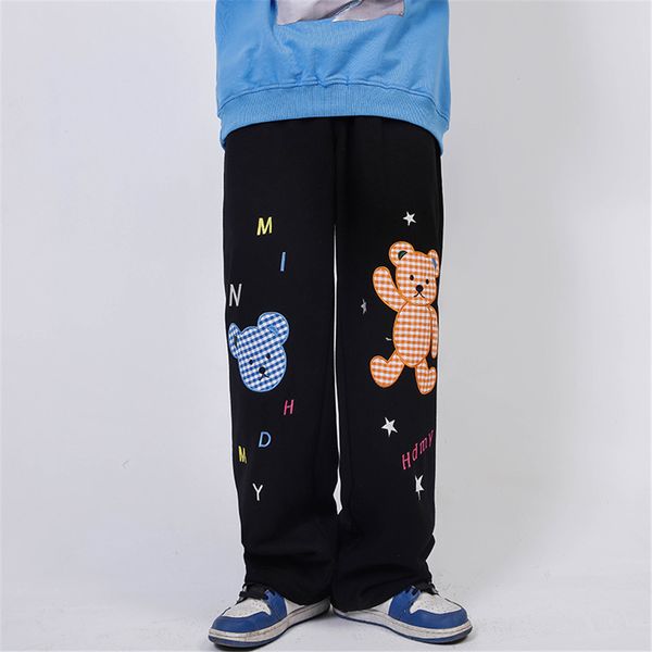 

pants fashionable the cartoon cub plaid embroidered casual men's street fun loose straight drawstring leggings, Black
