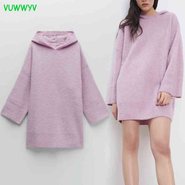 VUWWYV, vestido rosa de invierno de gran tamaño acanalado de punto para mujer, minivestido con capucha de otoño para mujer, Vestidos de manga larga para salir 210430