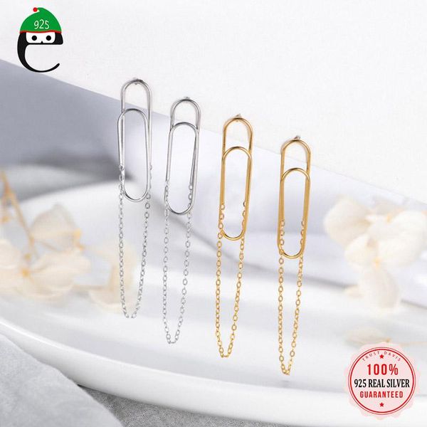 

stud elfoplatasi real 925 sterling silver fashion paper clip chain charm earring for women wedding valentine's day jewelry dd608, Golden;silver