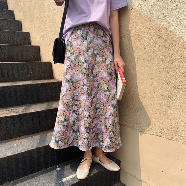 

skirts streetwear loose florals chic slim gentle sweet fashion print elegance ol women korean high waist skirts avk5, Black