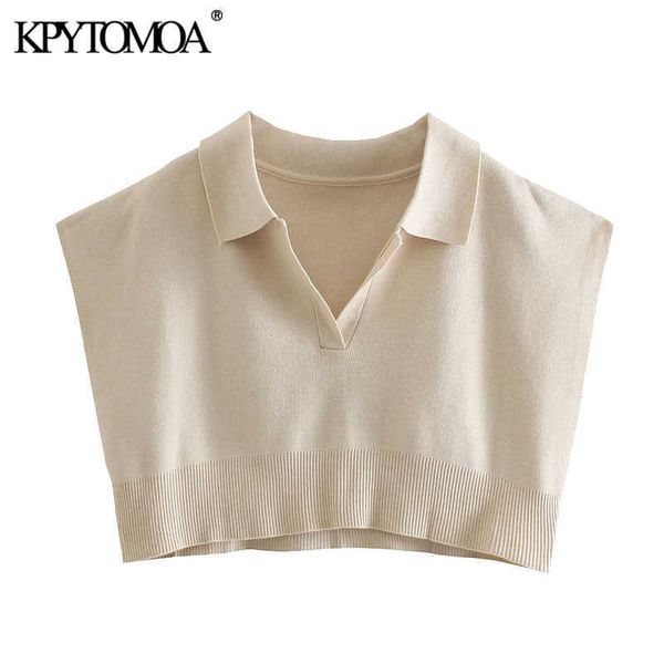 

kpytomoa women fashion with ribbed trims cropped knitted sweater vintage lapel collar sleeveless female pullovers chic 210930, White;black