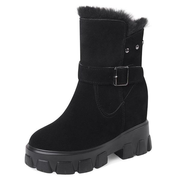 

boots winter women high heels woman lady genuine cow suede leather warm platform shoes snow plush fashion casual e0102, Black