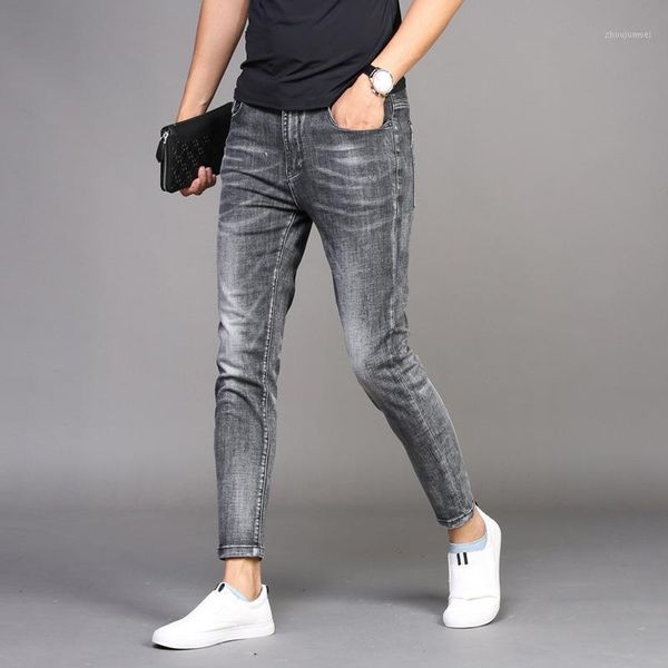 Jeans masculinos denim verão fino tornozelo comprimento calças slim-fit pequenos pés marca casual fumaça cinza lápis