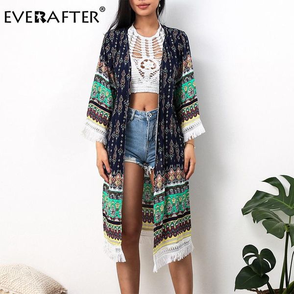 

women's blouses & shirts everafter elegant boho floral print blouse women tassel summer vintage kimono cardigan loose long beach chiff, White