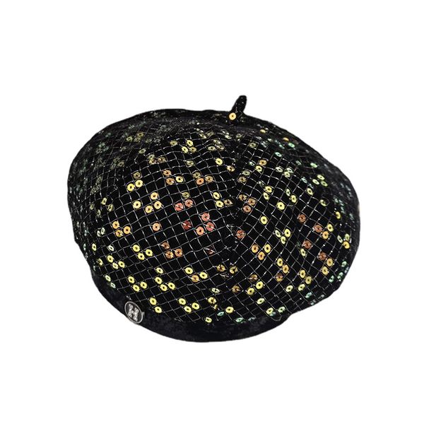 

luxury beret 2021 new korean version of online celebrity star hat female autumn and winter fashion joker colorful sequined octagonal hat, Blue;gray