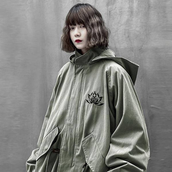 

men's trench coats autumn men coat gothic lotus embroidery hooded windbreaker hip-hop fashion and women zipper long jackets, Tan;black