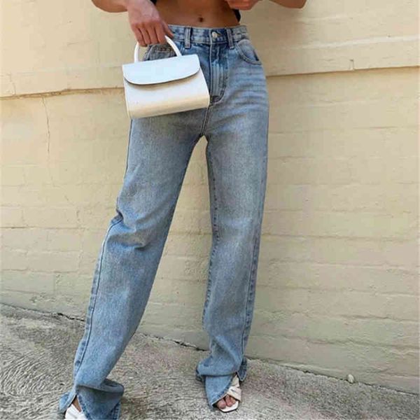 

new arrivals high waist slit side straight jeans women high street extra long denim pants summer autumn casual jeans trousers 210413, Blue