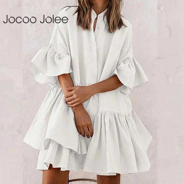 

jocoo jolee women elegant ruffles loose mini dress casual half sleeve solid irregular plus size dress beach evening party dress 210619, Black;gray