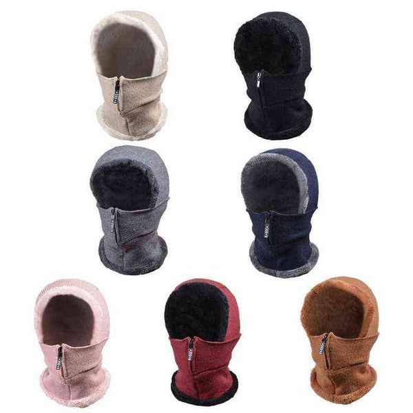 Le donne invernali in maglia Balaclava Beanie Hat Zipper Up Face Mask Sciarpa foderata in peluche Y21111