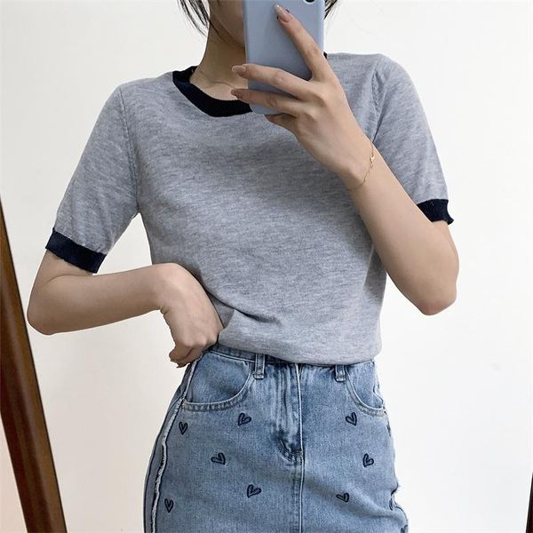 

women's t-shirt 2021 chic pullovers knitted shirt women korean summer o-neck color contrast loose short sleeves female bottoming, White
