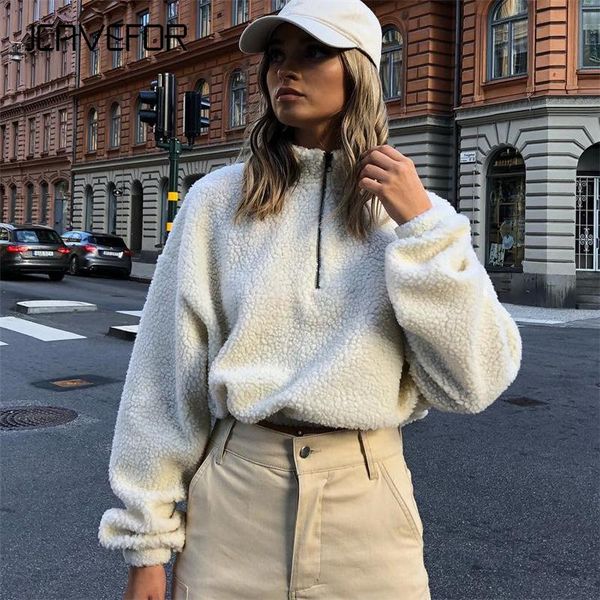 

women's hoodies & sweatshirts long sleeve white cropped hoodie women autumn winter pullover short sweatshirt plush zipper faux fur fluf, Black