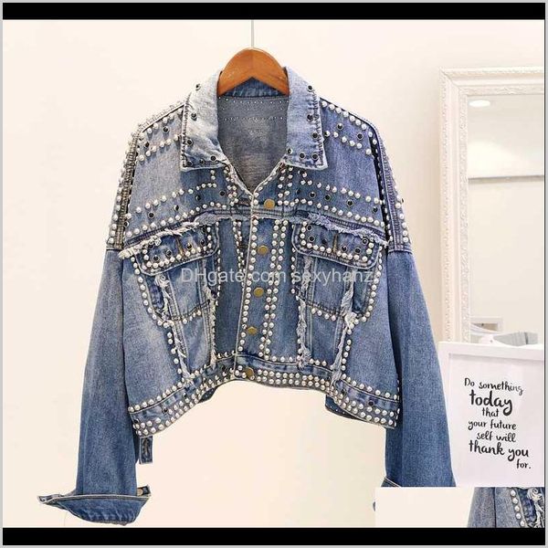 

outerwear coats womens clothing apparel drop delivery 2021 spring plus size handset diamonds casual denim jacket female vintage loose women, Black;brown