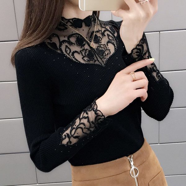 

women sweater autumn lace mesh patchwork basic half turtleneck long sleeve pullover knitwear casual slim jumper female 210412, White;black