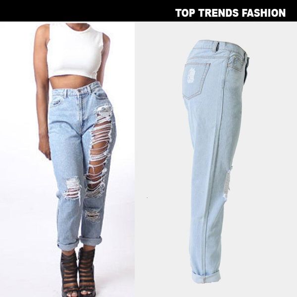 

pancil high waist slim hole ripped denim casual stretch trousers jeans pants for women, Blue