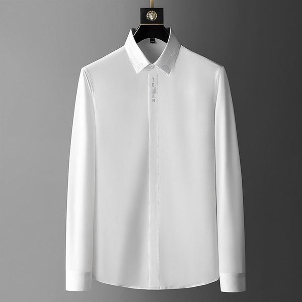 

men's casual shirts vintage flower embroidery shirt letter rhinestone long sleeve slim business social formal dress men clothing, White;black