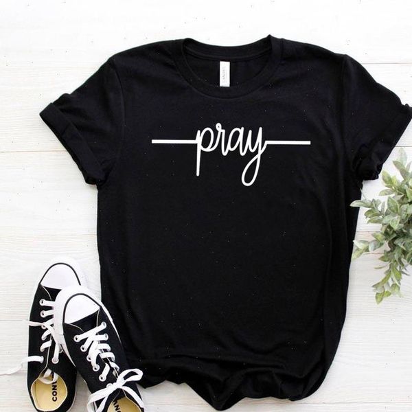 

women t shirt pray letters print short sleeve o neck loose ladies causal tee, White