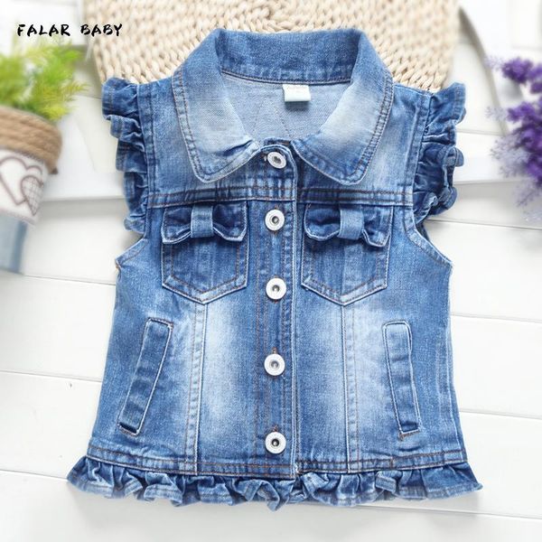 

denim vest kids sleeveless jacket princess girl clothing cartoon anime embroidery coat ruffle sleeves party baby jackets, Blue;gray