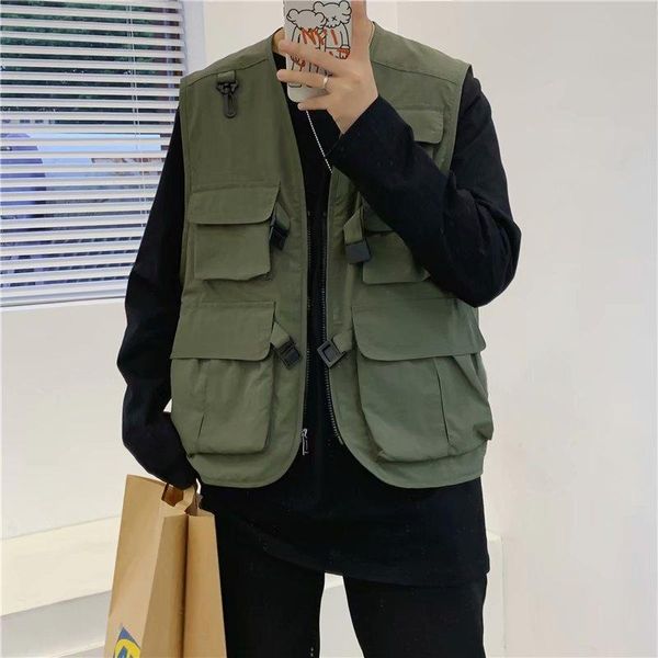 

original japanese trendy brand functional tactical tooling multi-pocket rap vest trend thin net red waistcoat men's vests, Black;white