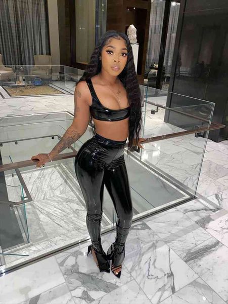 

skinny pu leather club outfits women two pieces party matching set crop flare joggers, Gray
