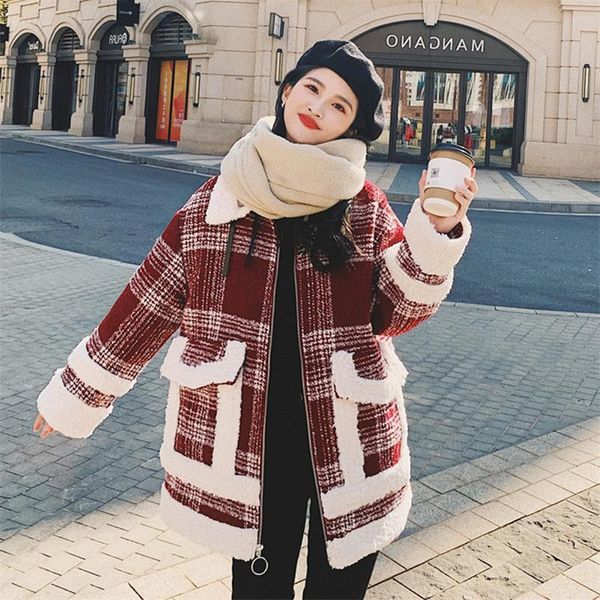 

women's fur & faux 2021 winter coat women casual short jacket female warm thick turn-down collar teddy red plaid outerwear ladies y415, Black