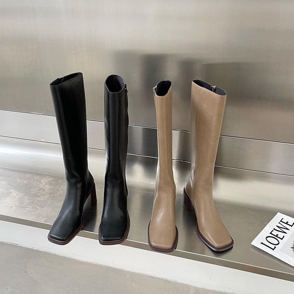 

boots 2021 autumn pu square toe rubber sole ladies high side zipper thick heel fashionable all-match knee-length, Black