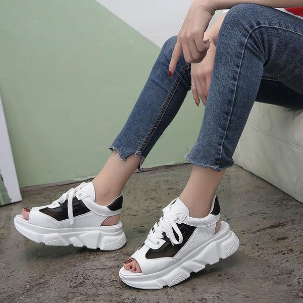 

fashion women breathable mesh platform sandals fish mouth high heel casual shoes outdoor non-slip zapatos de mujer, Black