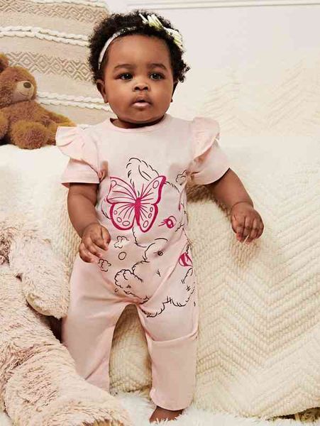 

baby butterfly & cartoon graphic ruffle trim jumpsuit she, Blue
