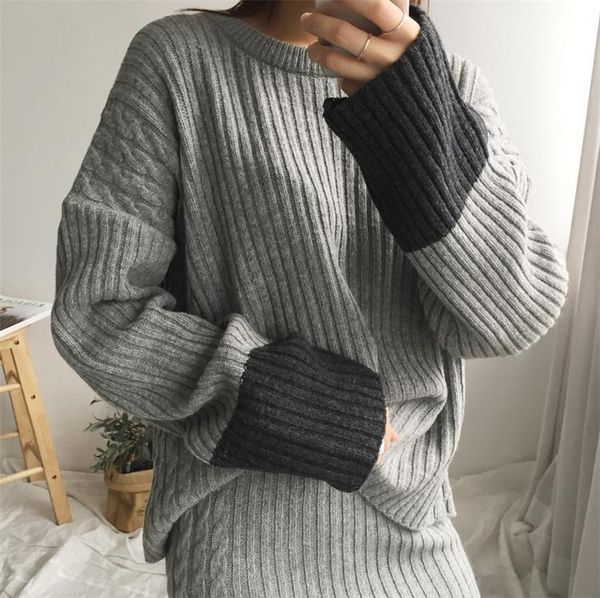 

women's tracksuits 2021 autumn winter woman sets two piece set pullovers skirts split knitting minimalist casual style ladies, Gray