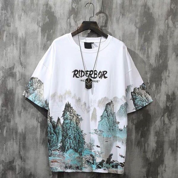

men's t-shirts hip-hop t-shirt cotton fashion landscape print o-neck comfortable clothing white 2021 summer breathable trendy, White;black