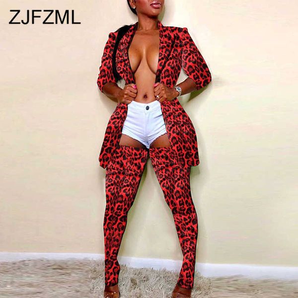 Leopard Camo Plus Size Vintage 2 pezzi Outfit Donna manica lunga Blazer Top + Calze lunghe Tute Autunno Inverno Matching Set Suit 210930