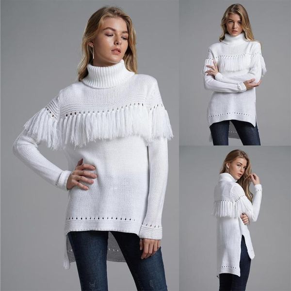 

women's sweaters women casual turtleneck long sleeve solid loose pullover autumn, winter tassel asymmetry hem sweater, White;black