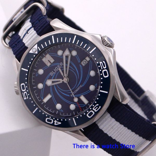 

bliger 41 mm blue dial automatic mechanical men watch sapphire crystal chandelier nylon band date function, Slivery;brown