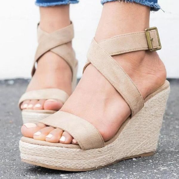 

women shoes platform sandals peep toe high wedges heel ankle buckles sandalia espadrilles female, Black