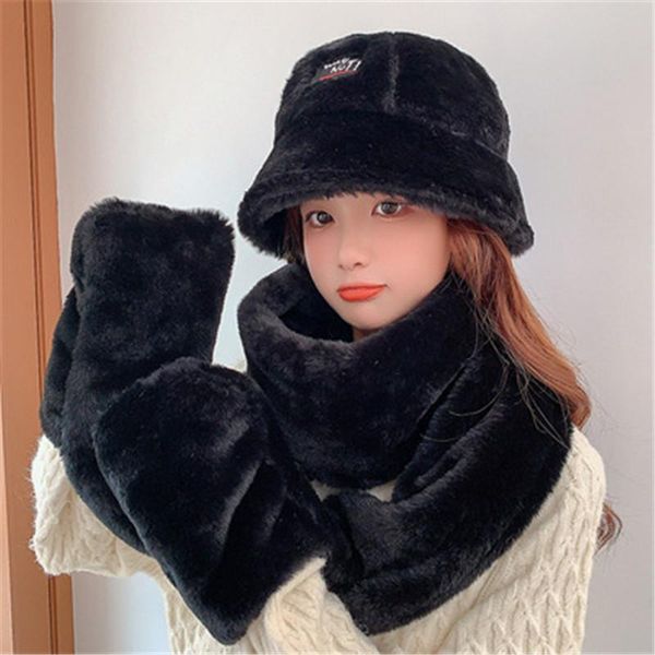 

beanies hat scarf glove one piece set autumn winter cute hats for women outdoor warm thicken cashmere girls wool cap fur