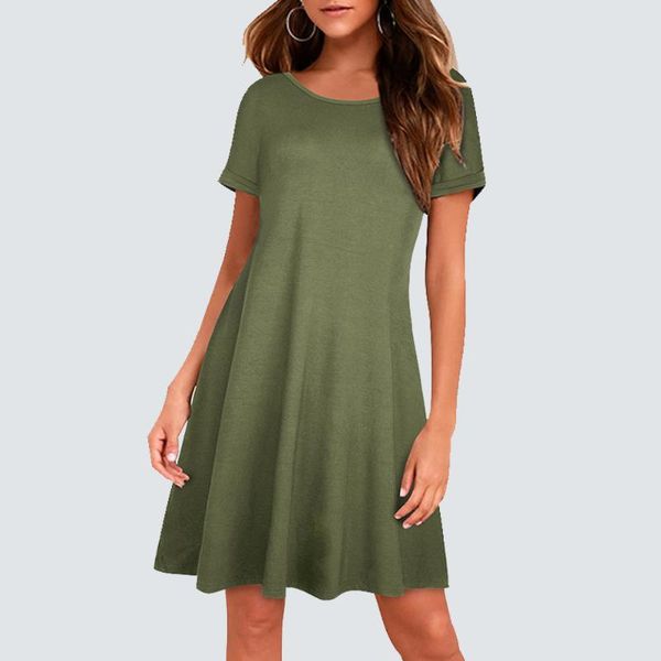 

casual dresses women summer solid color round neck loose shift mini t-shirt dress ha211, Black;gray